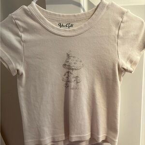 Brandy Melville Off-White Tee with Mushroom Design
